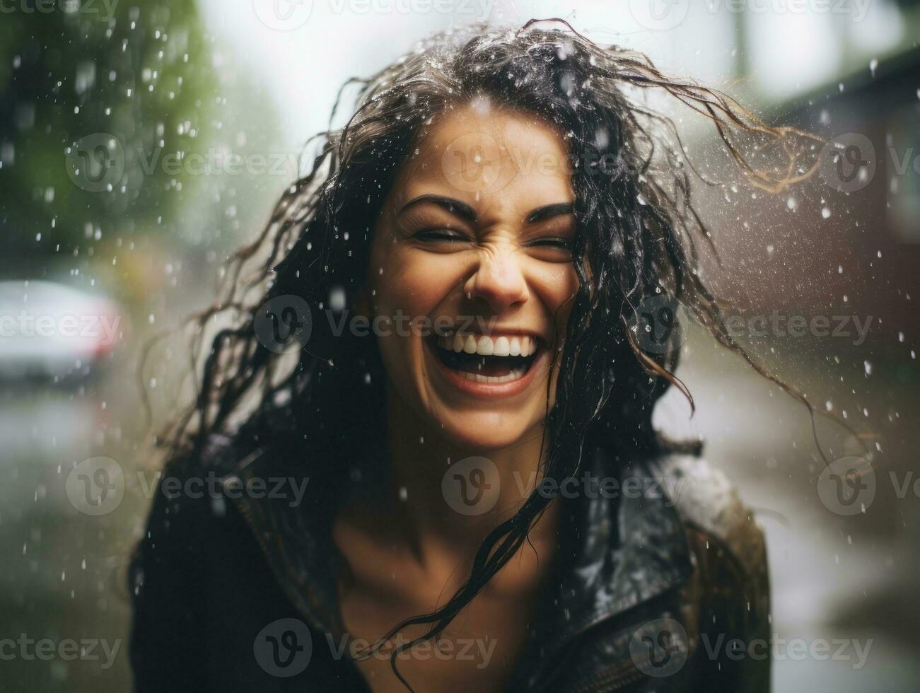 Carefree woman joyfully dances in the refreshing rain AI Generative photo