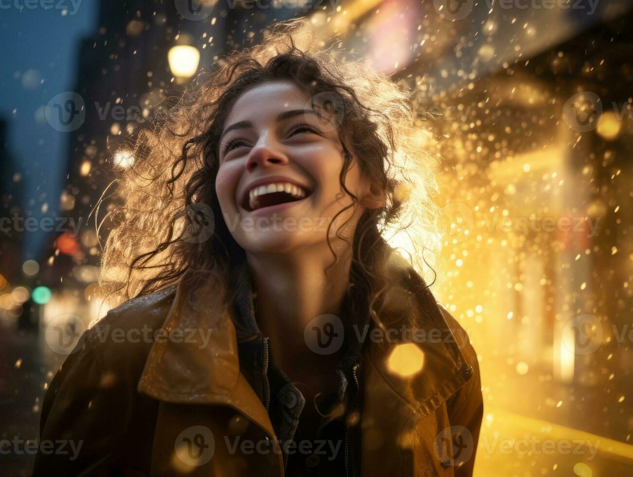 Carefree woman joyfully dances in the refreshing rain AI Generative photo