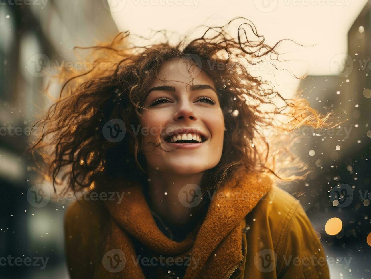 Carefree woman joyfully dances in the refreshing rain AI Generative photo