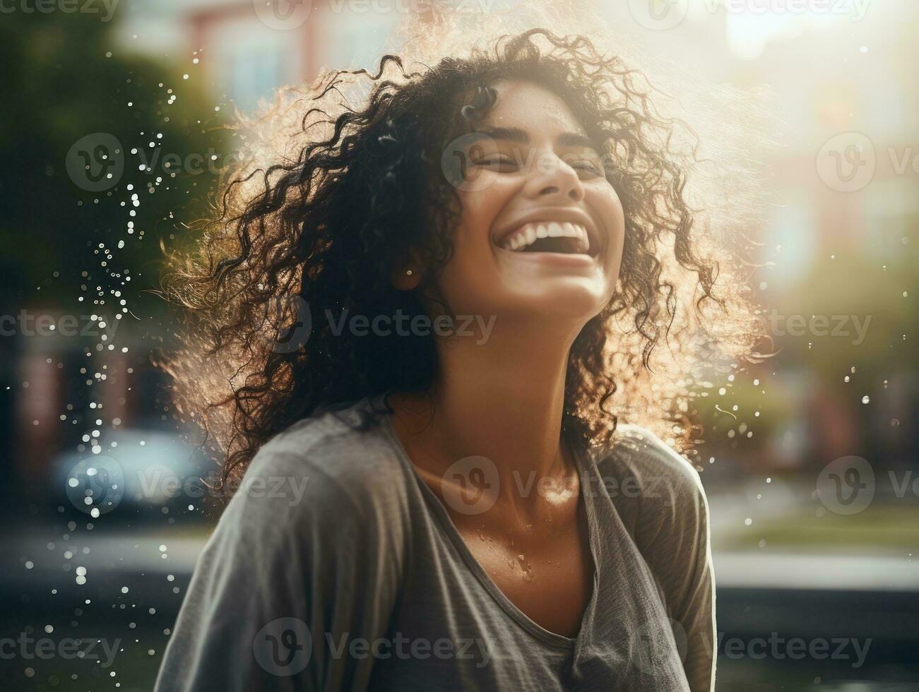 Carefree woman joyfully dances in the refreshing rain AI Generative photo