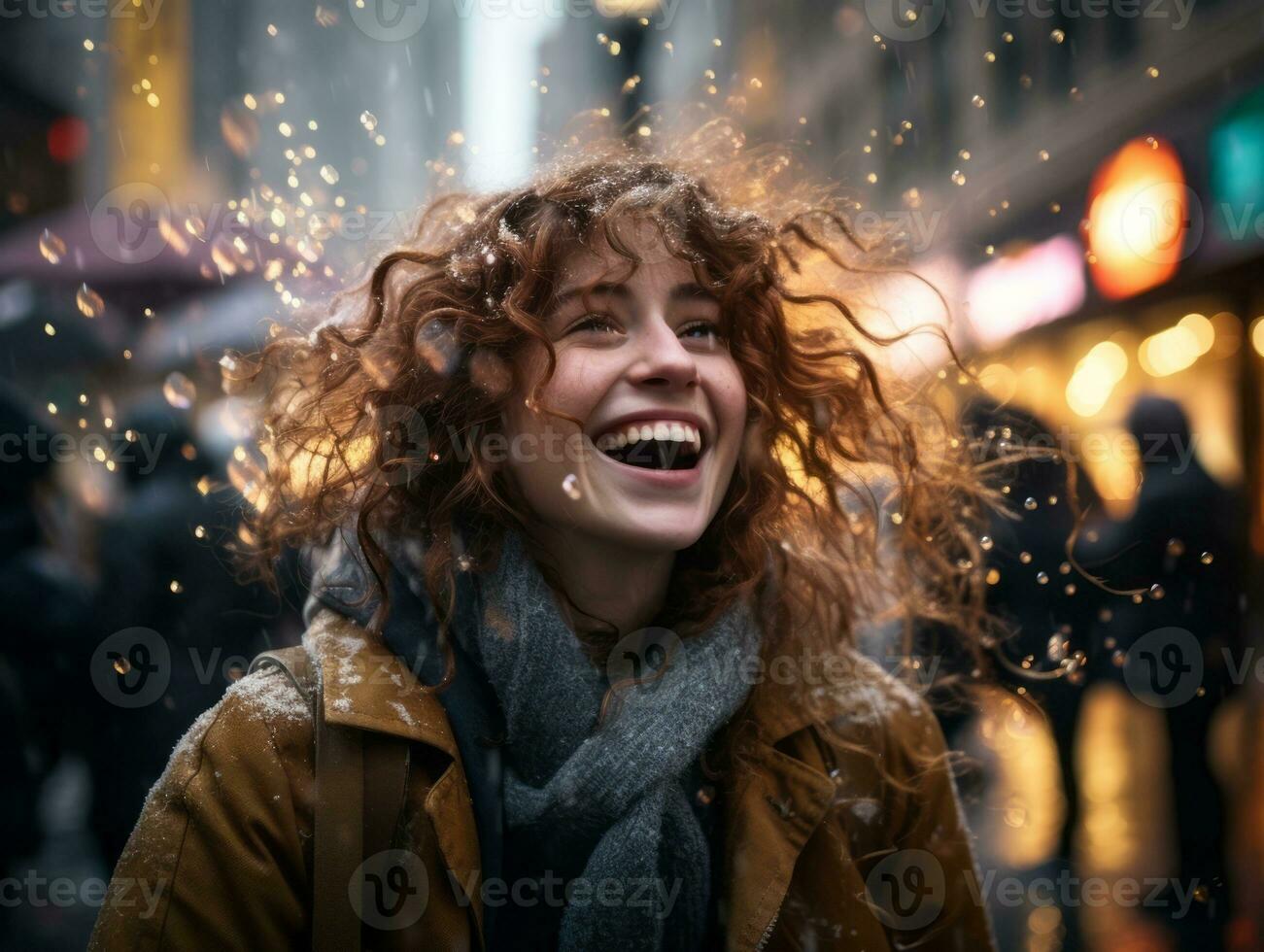 Carefree woman joyfully dances in the refreshing rain AI Generative photo