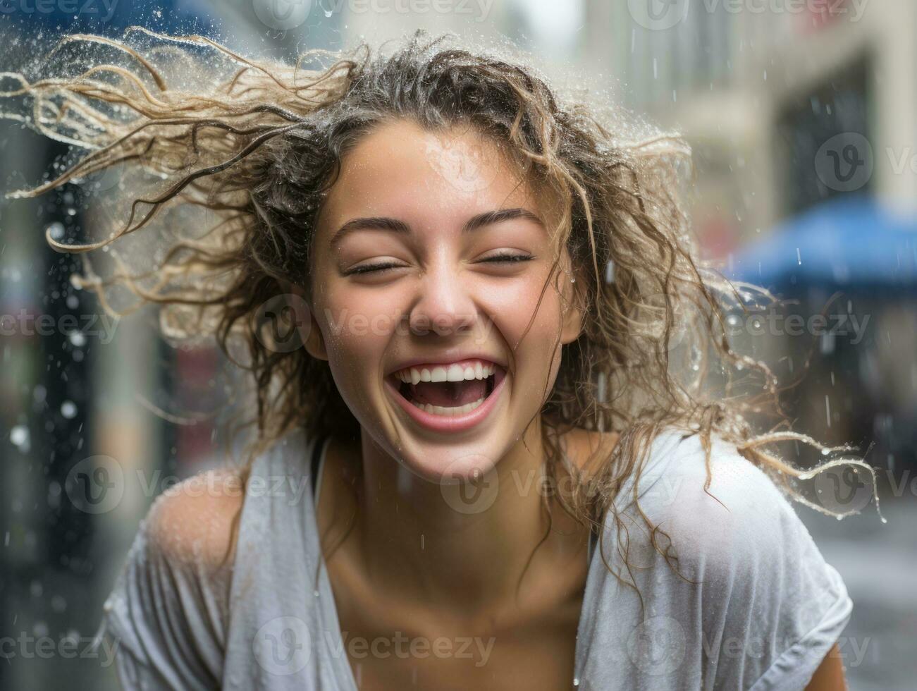 Carefree woman joyfully dances in the refreshing rain AI Generative photo