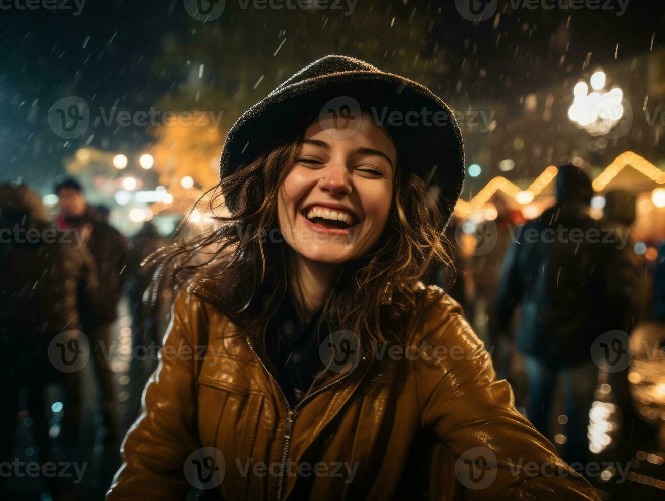 Carefree woman joyfully dances in the refreshing rain AI Generative photo