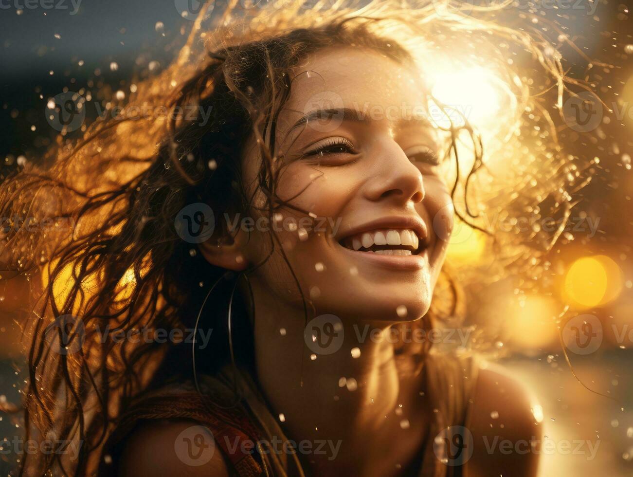 Carefree woman joyfully dances in the refreshing rain AI Generative photo