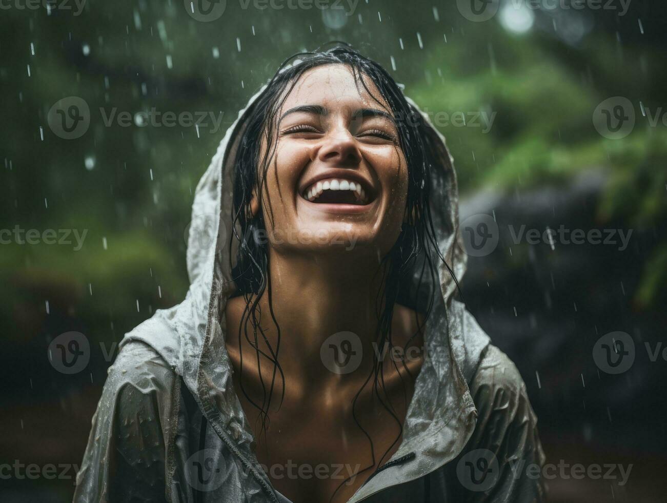 Carefree woman joyfully dances in the refreshing rain AI Generative photo