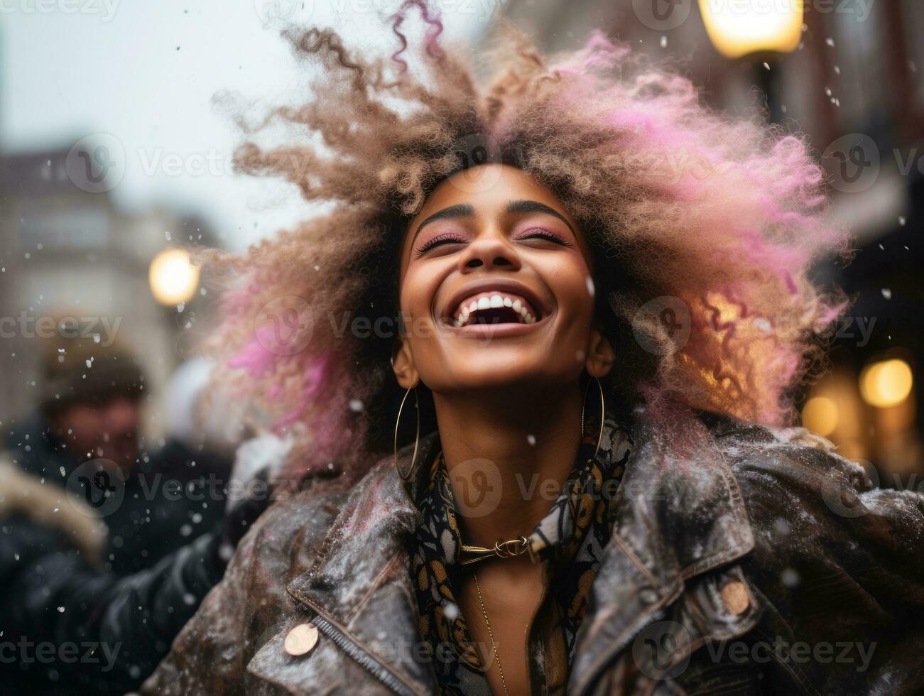 Carefree woman joyfully dances in the refreshing rain AI Generative photo