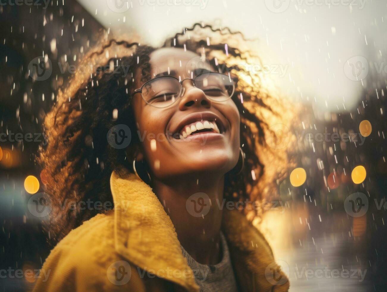 Carefree woman joyfully dances in the refreshing rain AI Generative photo