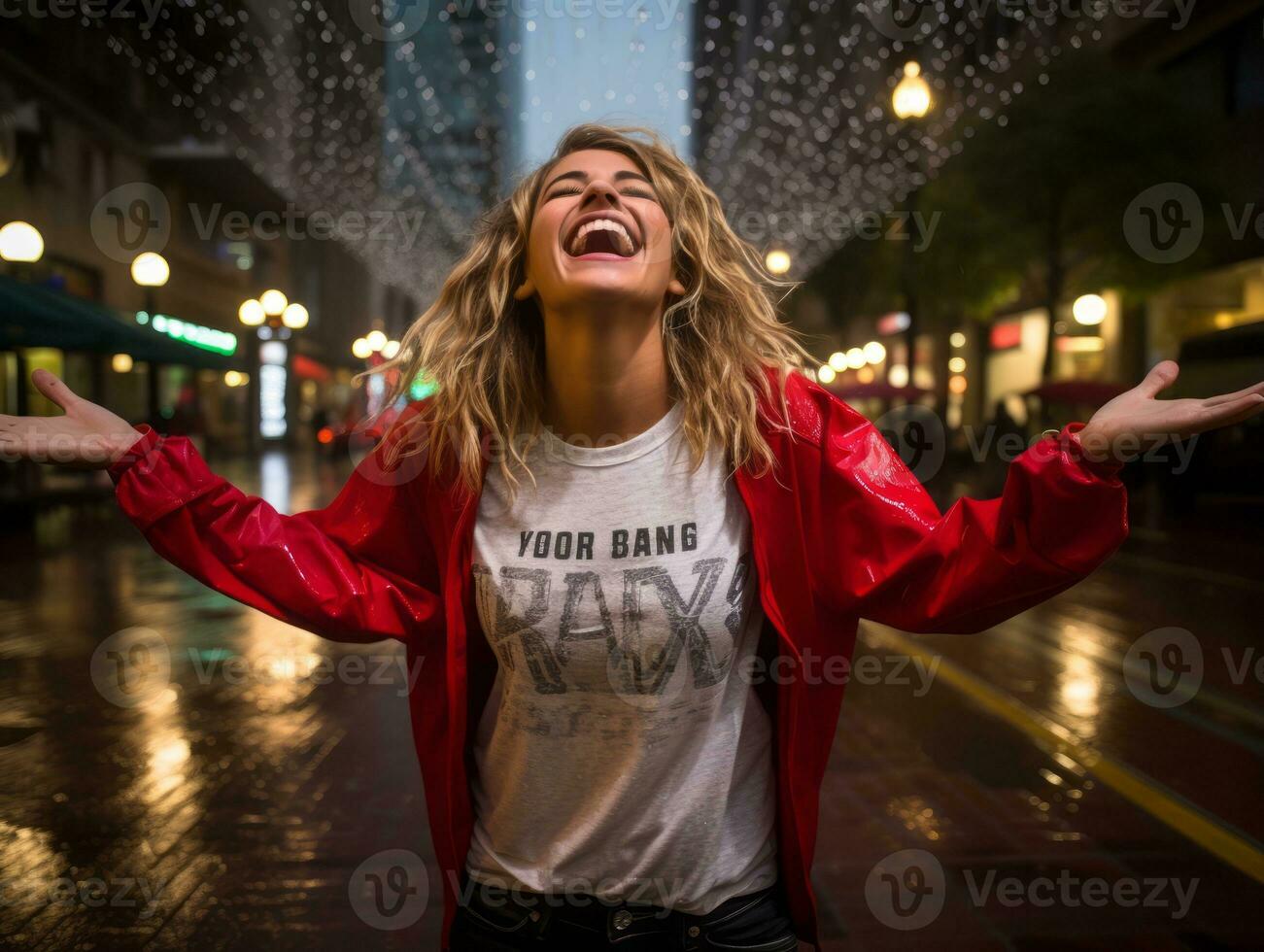 Carefree woman joyfully dances in the refreshing rain AI Generative photo