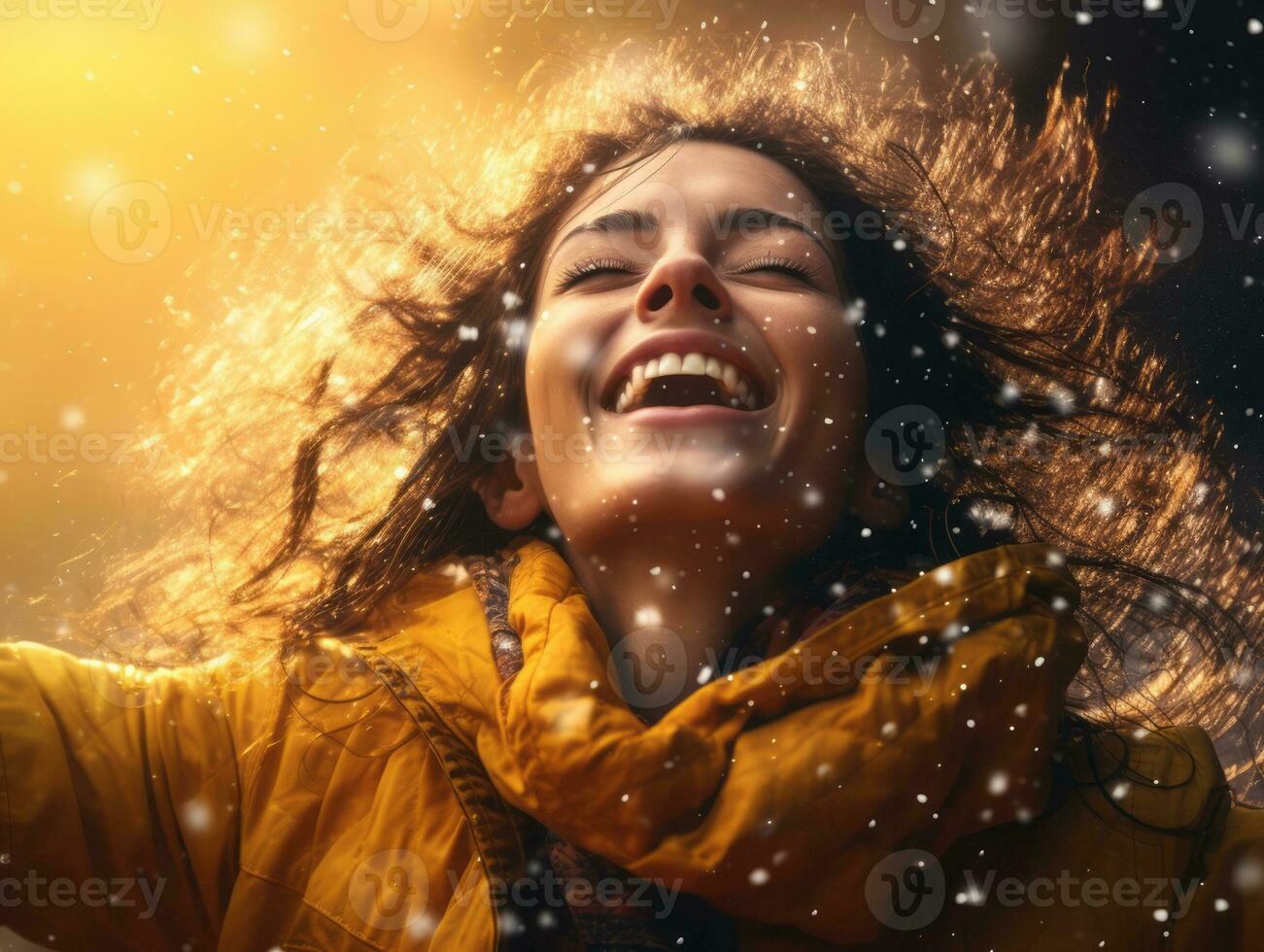 Carefree woman joyfully dances in the refreshing rain AI Generative photo