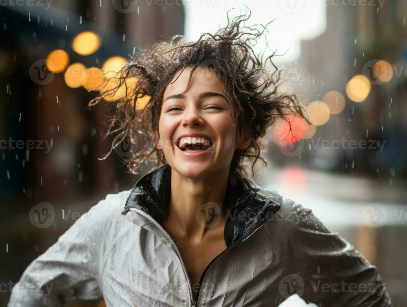 Carefree woman joyfully dances in the refreshing rain AI Generative photo