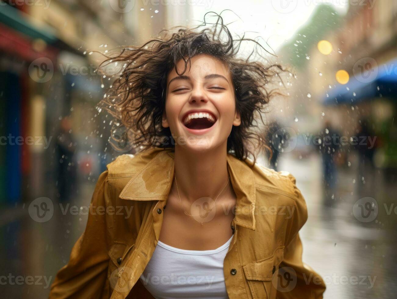 Carefree woman joyfully dances in the refreshing rain AI Generative photo