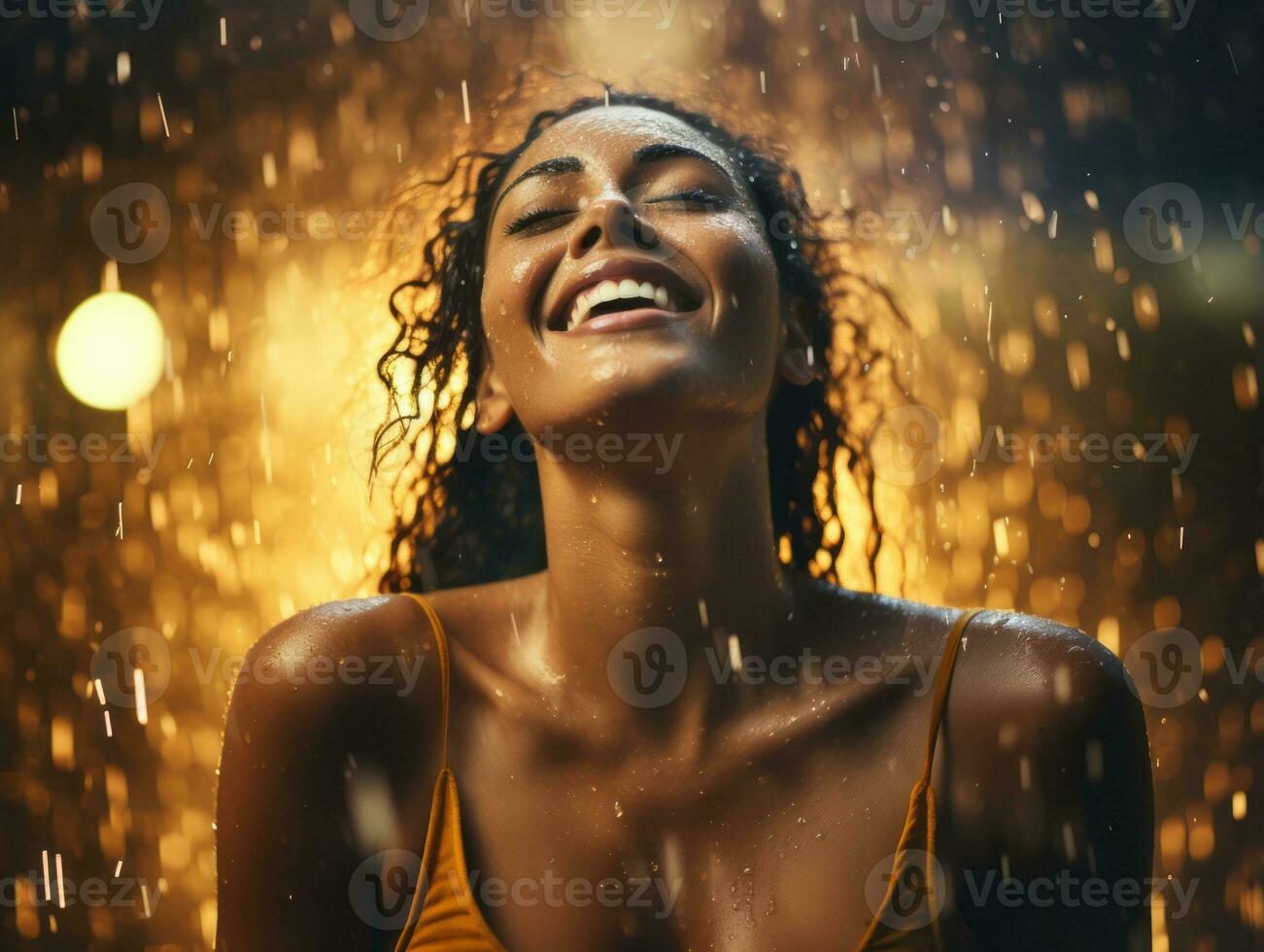 Carefree woman joyfully dances in the refreshing rain AI Generative photo