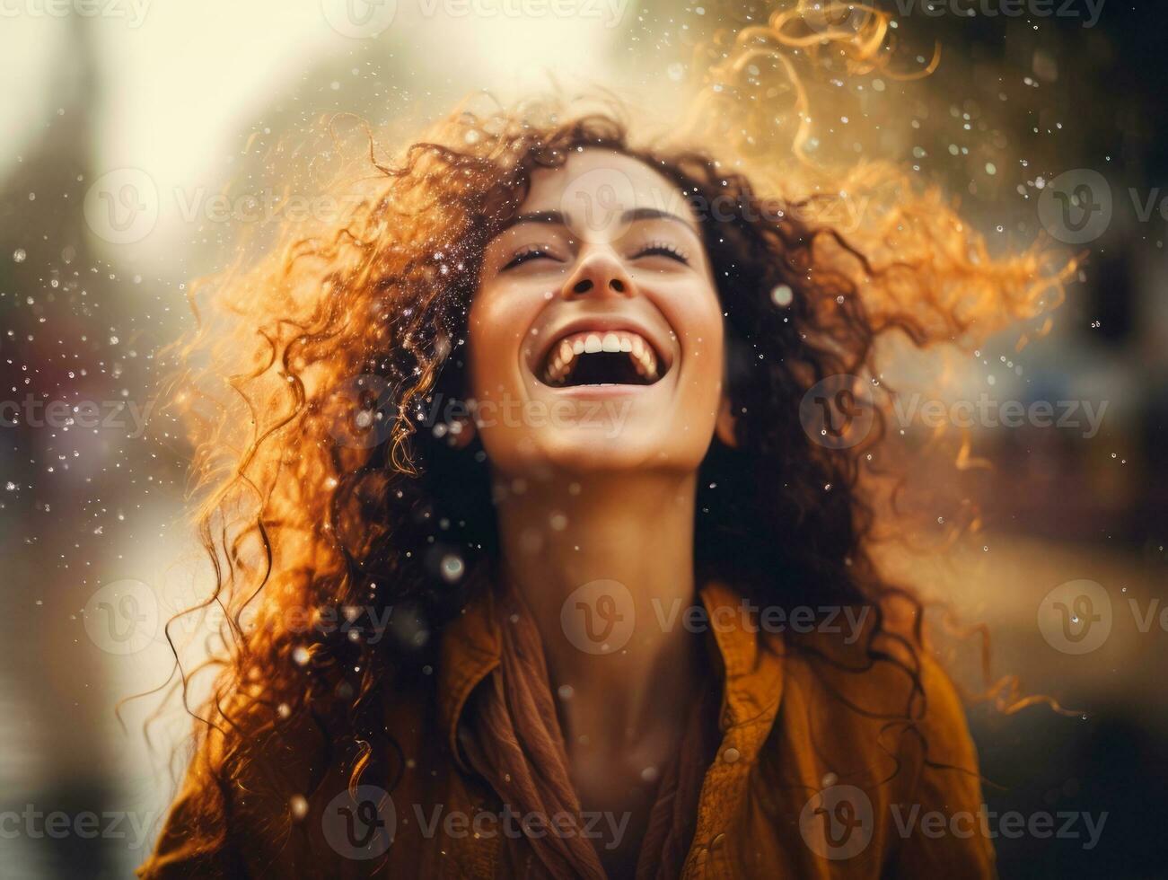 Carefree woman joyfully dances in the refreshing rain AI Generative photo
