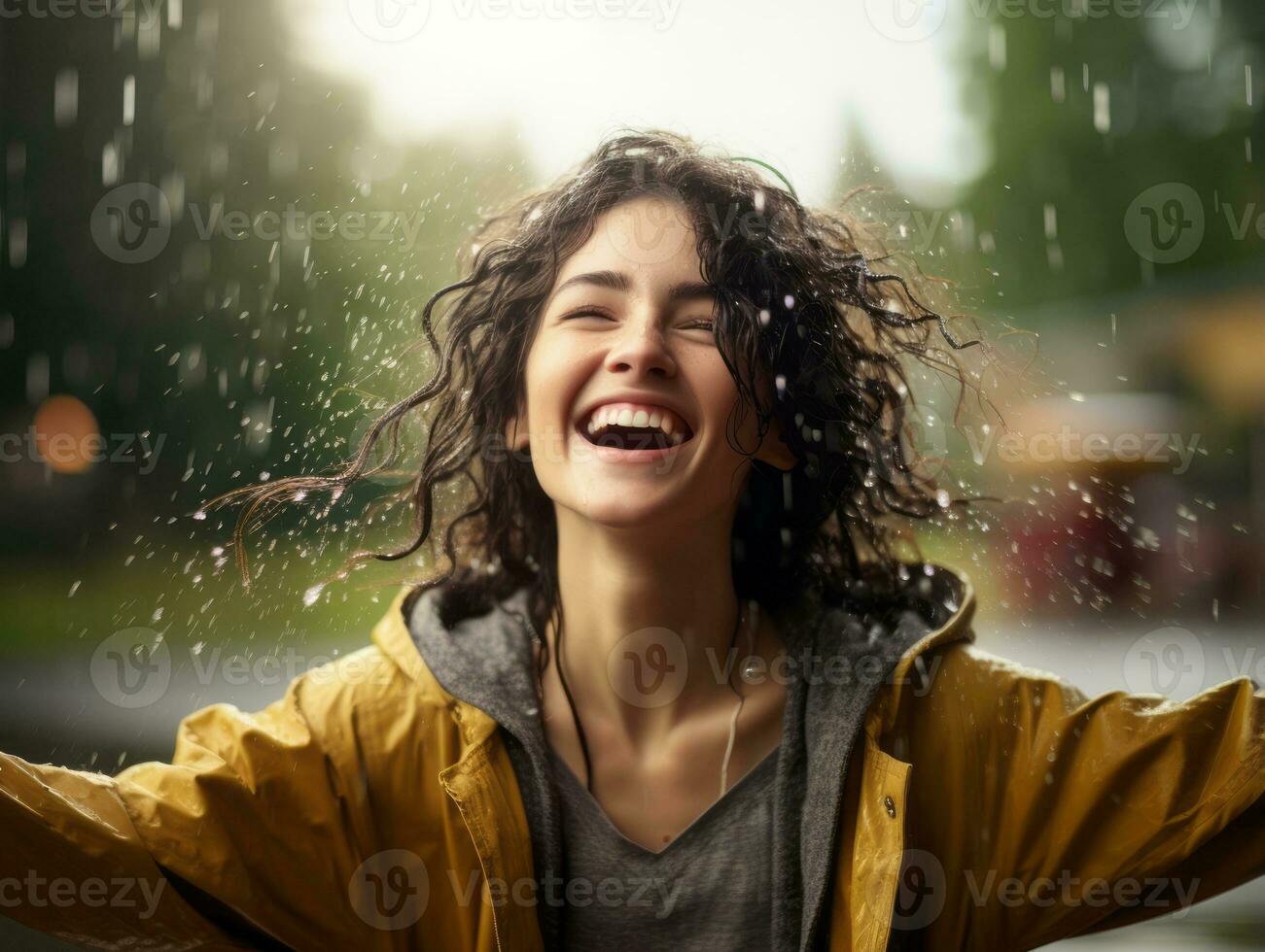 Carefree woman joyfully dances in the refreshing rain AI Generative photo
