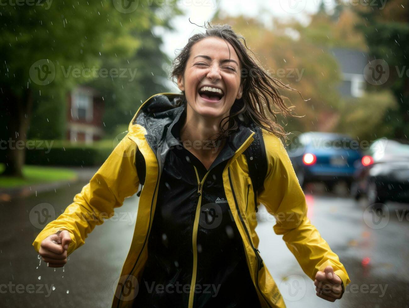 Carefree woman joyfully dances in the refreshing rain AI Generative photo