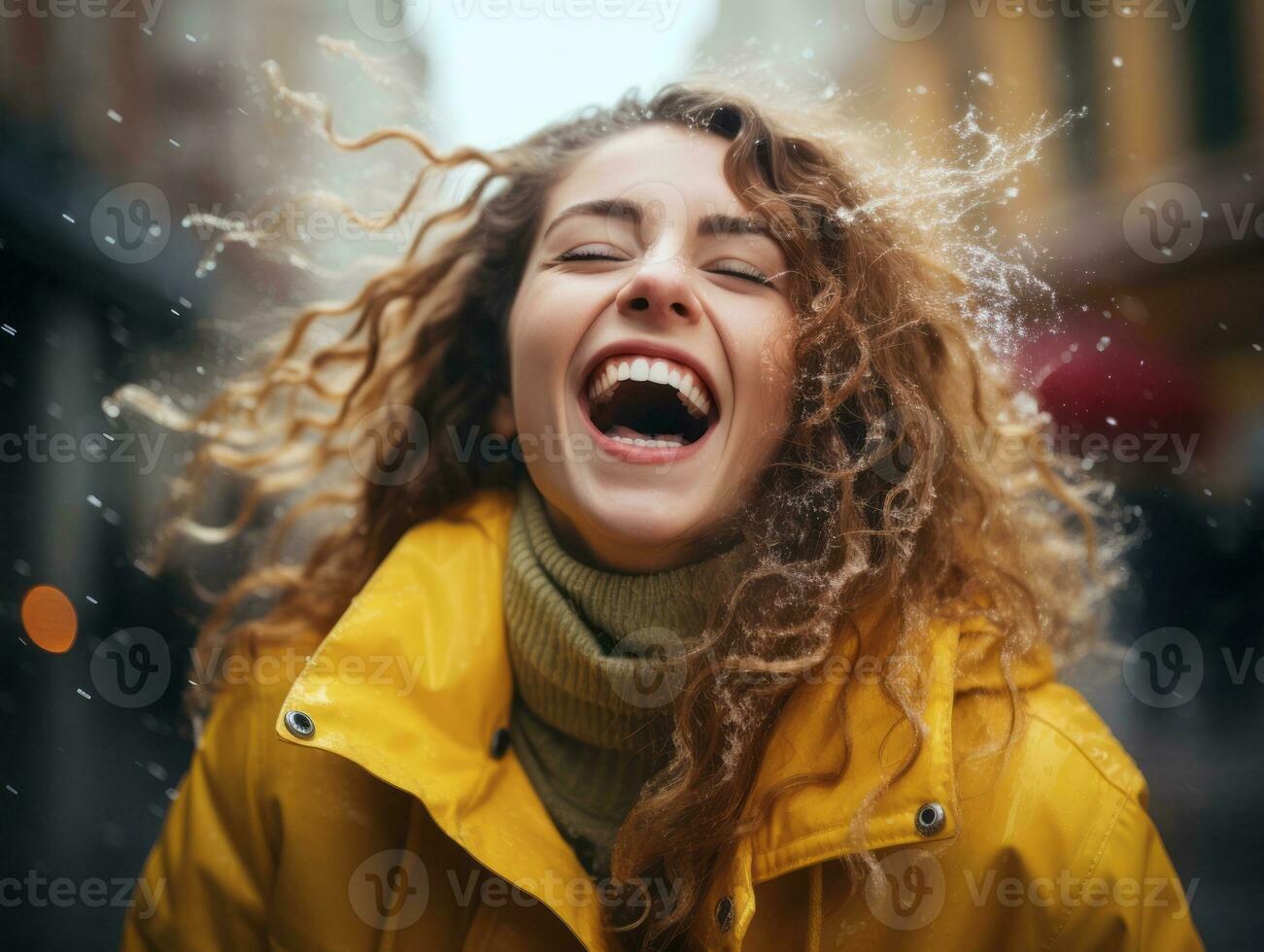 Carefree woman joyfully dances in the refreshing rain AI Generative photo
