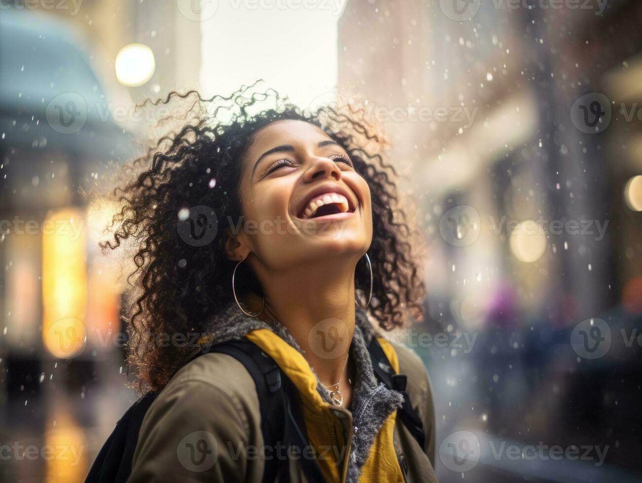 Carefree woman joyfully dances in the refreshing rain AI Generative photo
