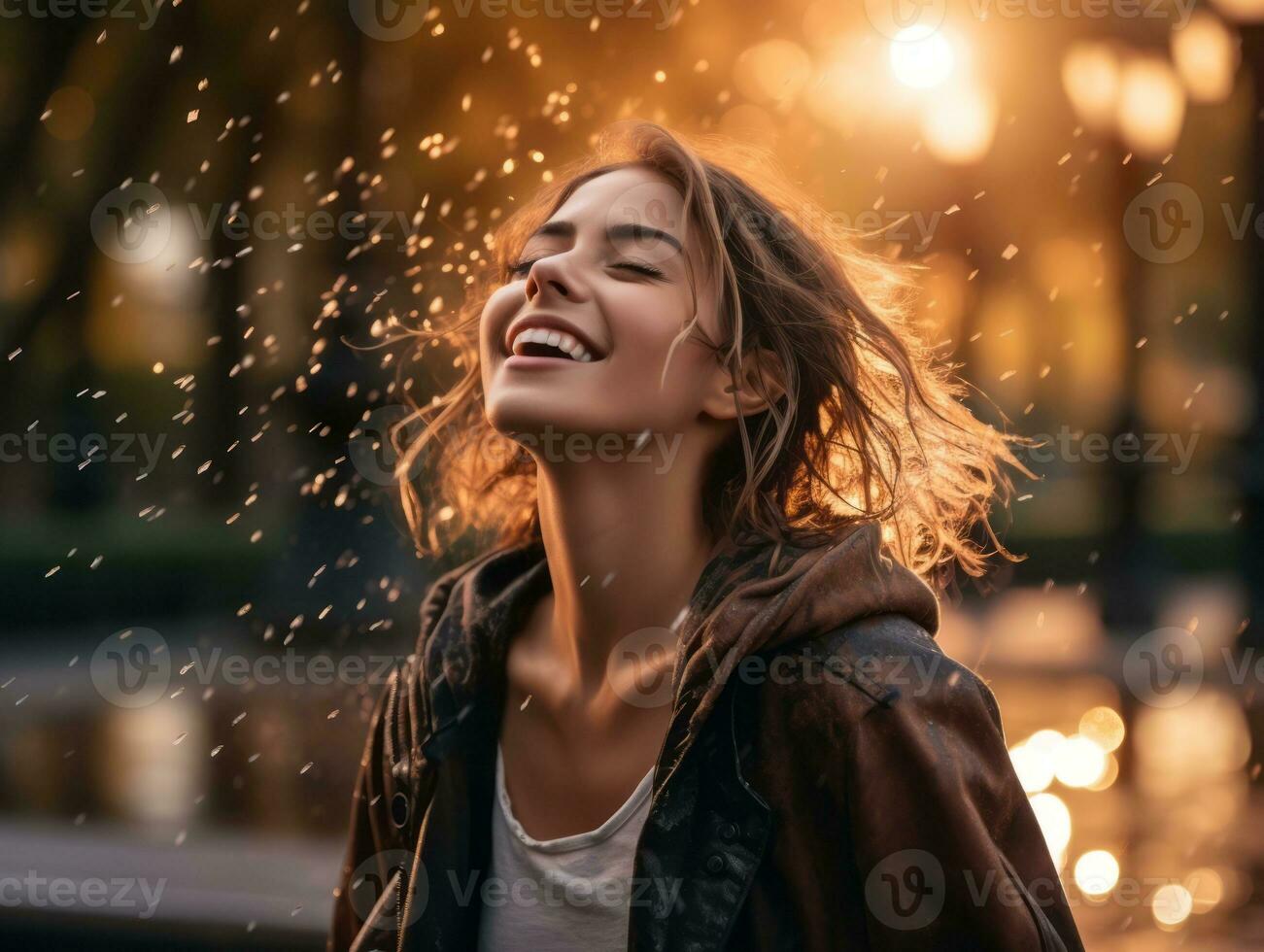 Carefree woman joyfully dances in the refreshing rain AI Generative photo
