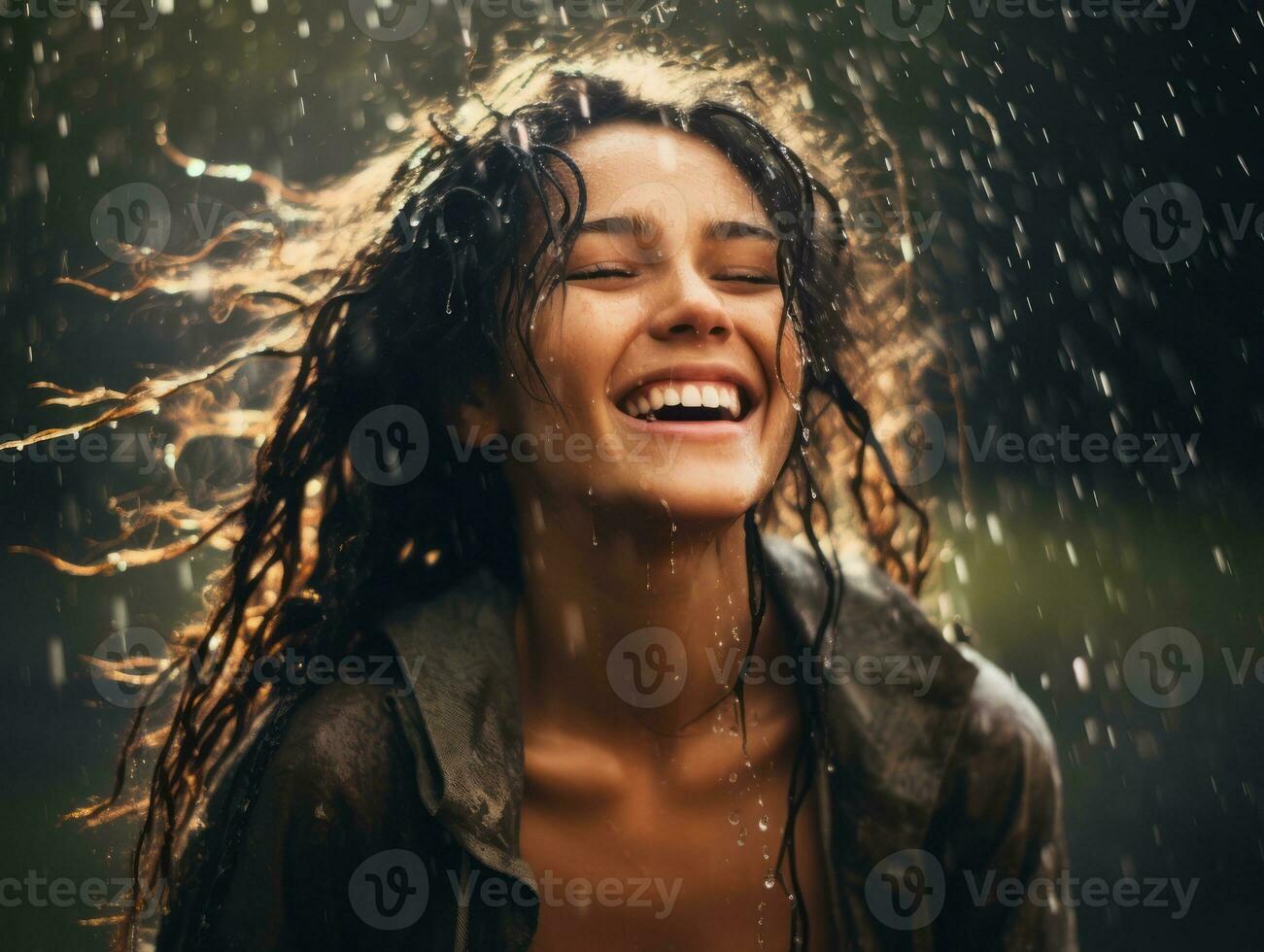 Carefree woman joyfully dances in the refreshing rain AI Generative photo