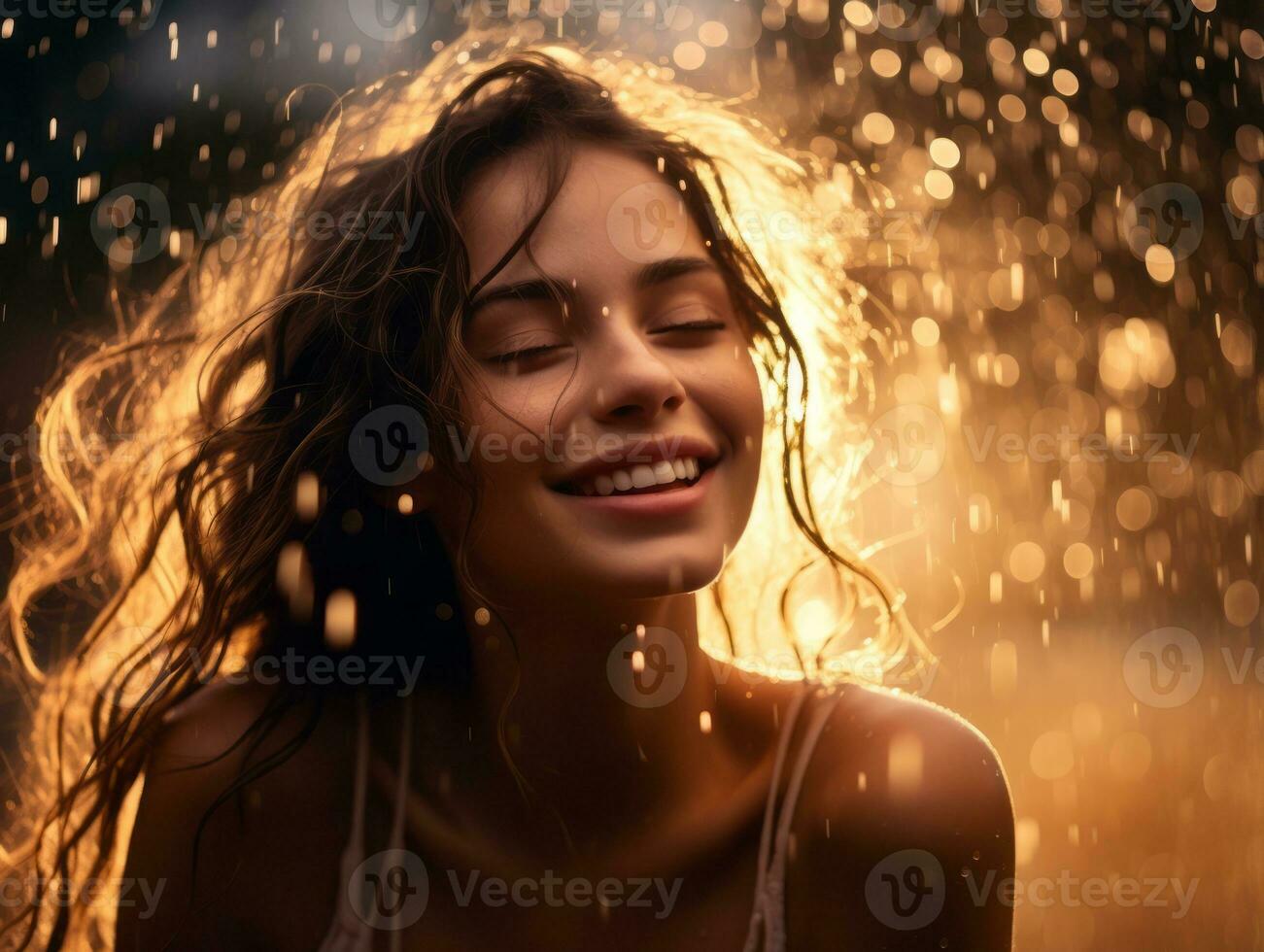 Carefree woman joyfully dances in the refreshing rain AI Generative photo