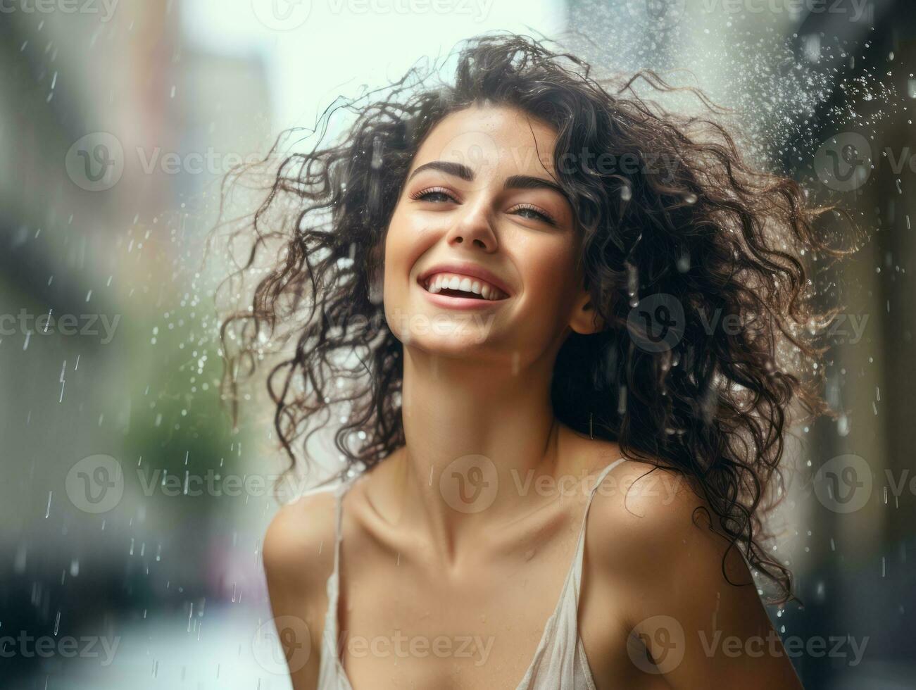 Carefree woman joyfully dances in the refreshing rain AI Generative photo
