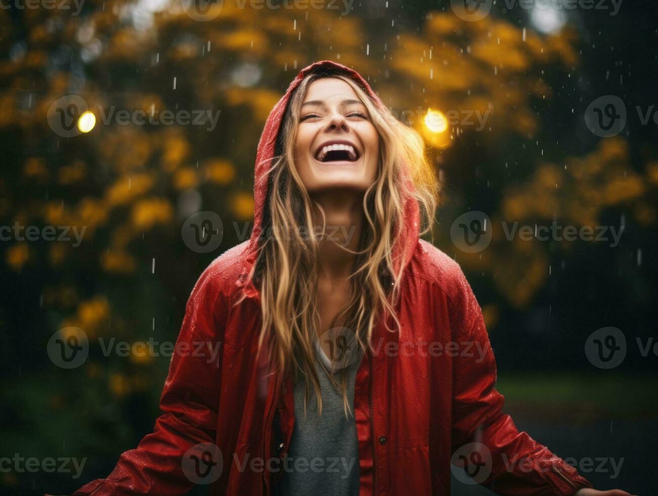 Carefree woman joyfully dances in the refreshing rain AI Generative photo