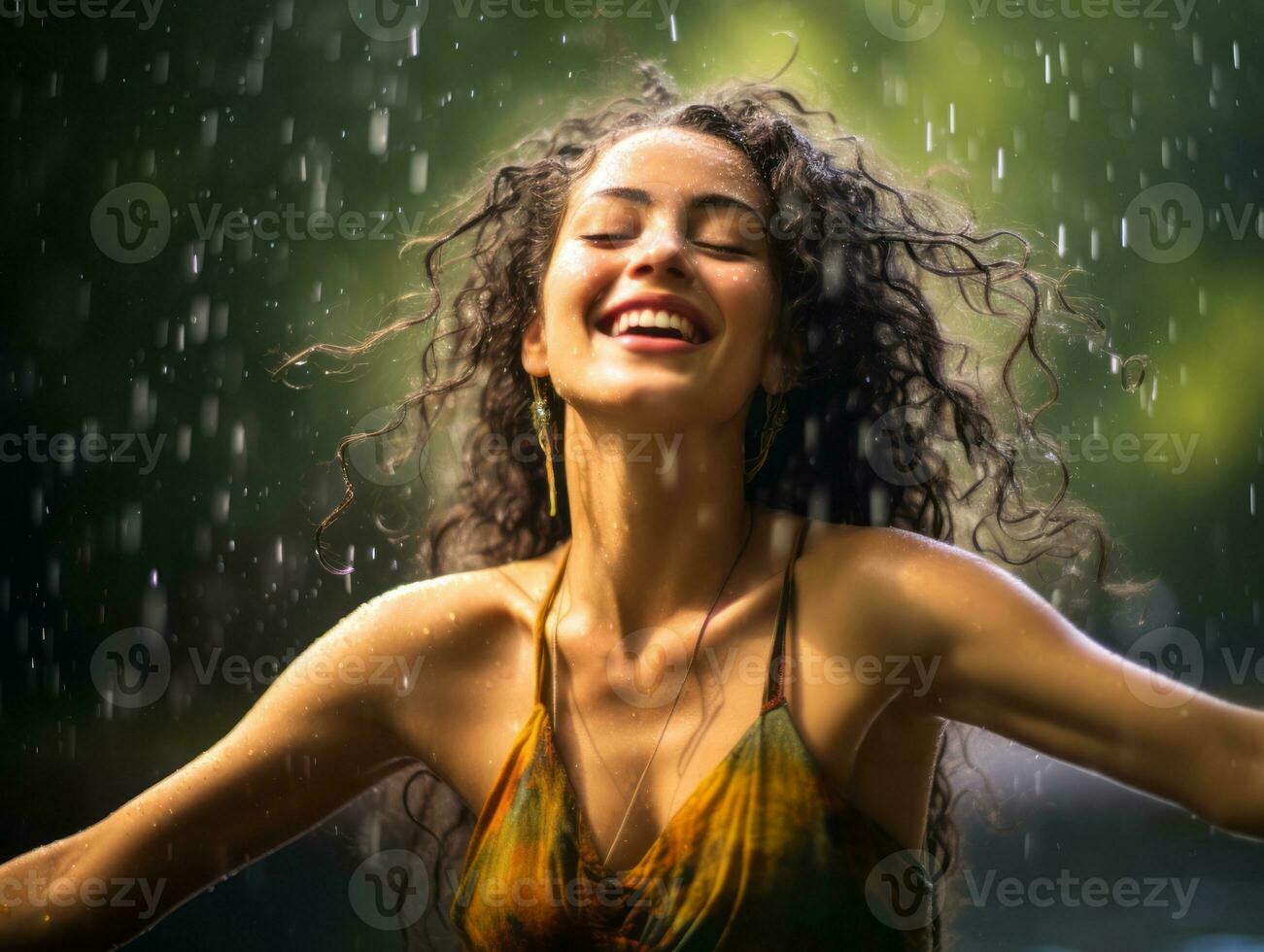 Carefree woman joyfully dances in the refreshing rain AI Generative photo