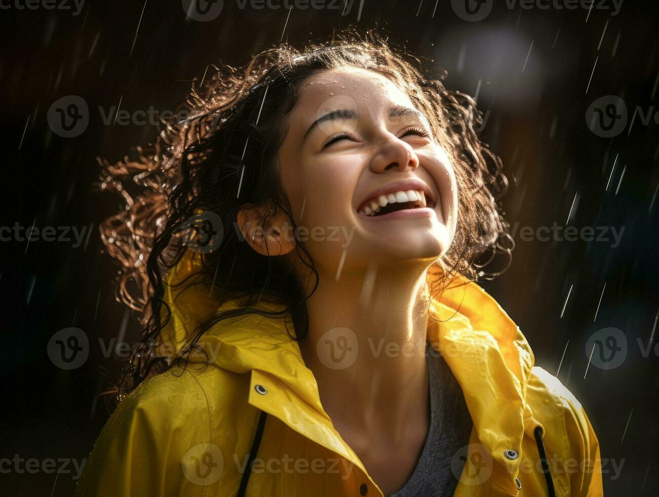 Carefree woman joyfully dances in the refreshing rain AI Generative photo