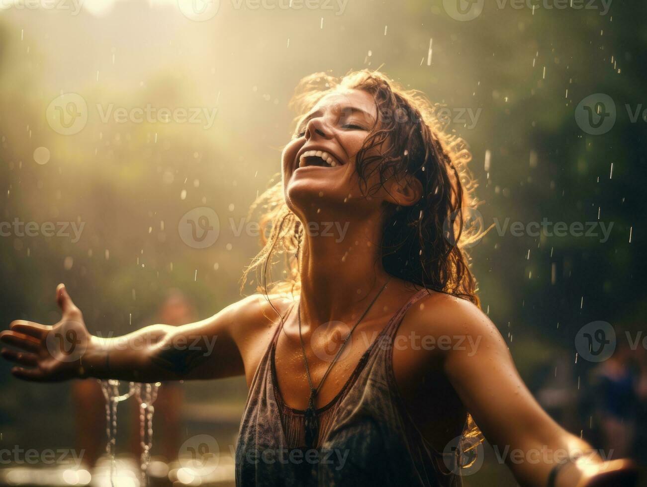 Carefree woman joyfully dances in the refreshing rain AI Generative photo