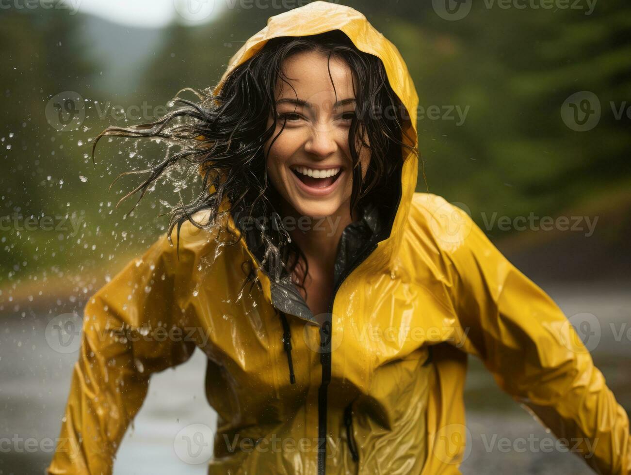 Carefree woman joyfully dances in the refreshing rain AI Generative photo