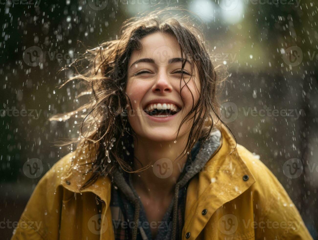 Carefree woman joyfully dances in the refreshing rain AI Generative photo
