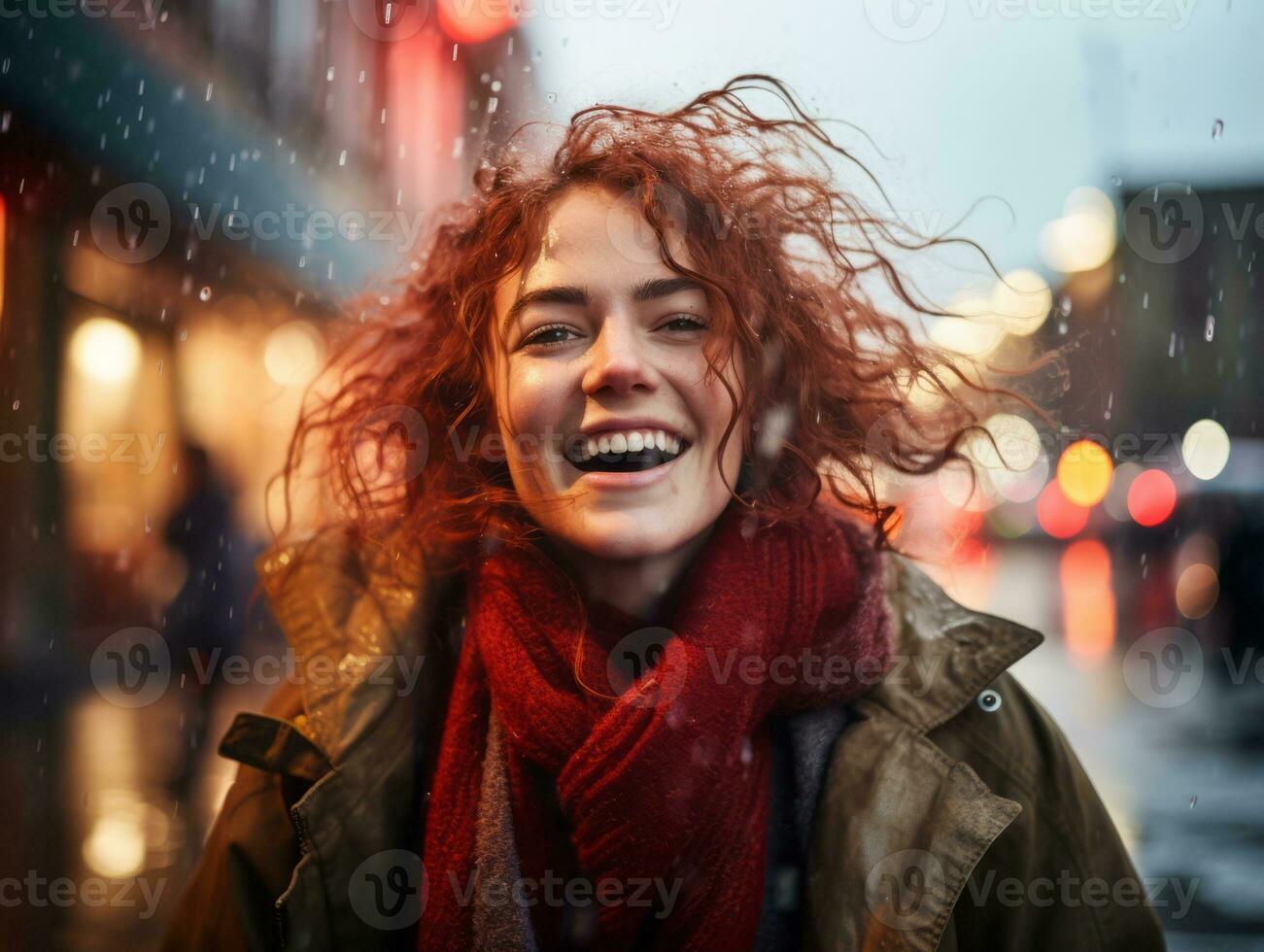 Carefree woman joyfully dances in the refreshing rain AI Generative photo