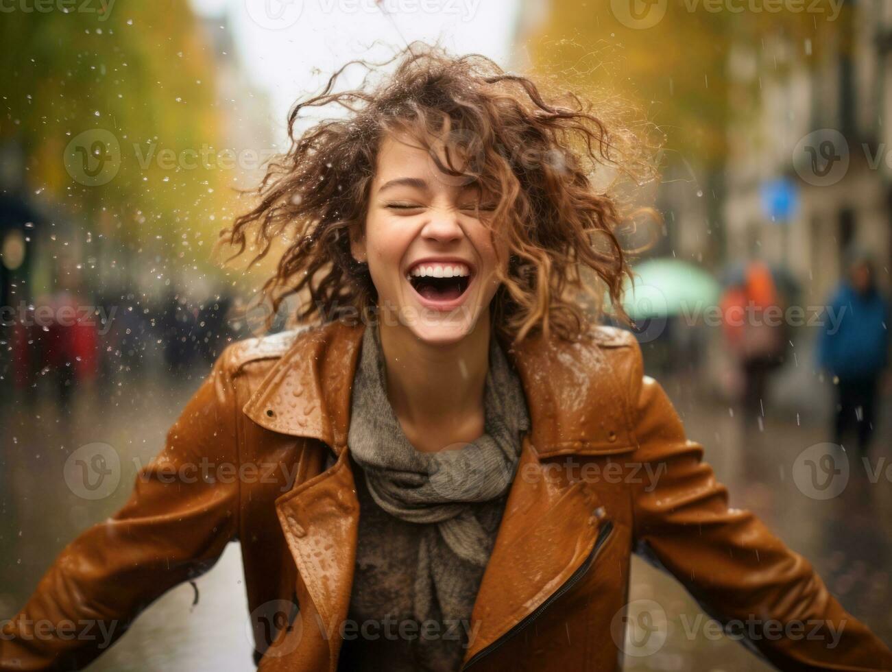Carefree woman joyfully dances in the refreshing rain AI Generative photo