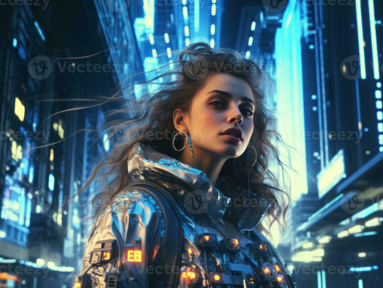 Futuristic woman in a sleek and technologically advanced suit AI Generative photo