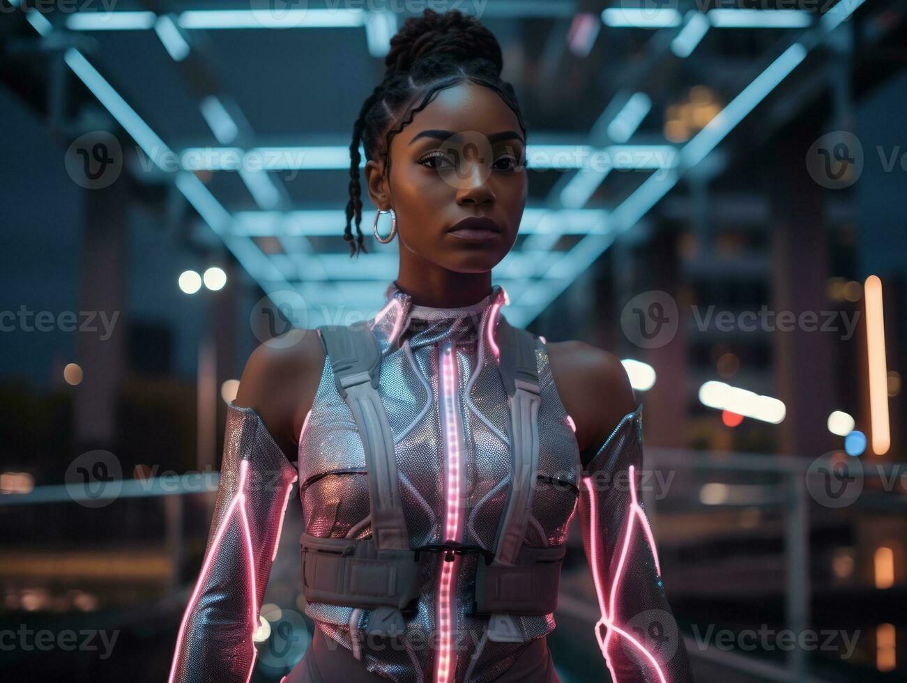 Futuristic woman in a sleek and technologically advanced suit AI Generative photo