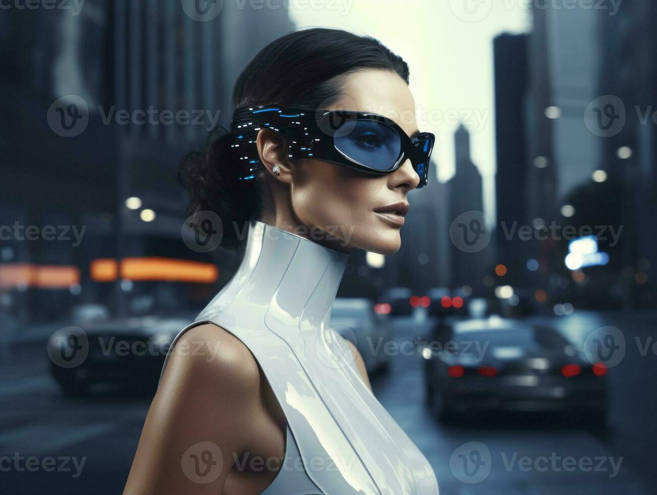 futurista mujer en un pulcro y tecnológicamente avanzado traje ai generativo foto