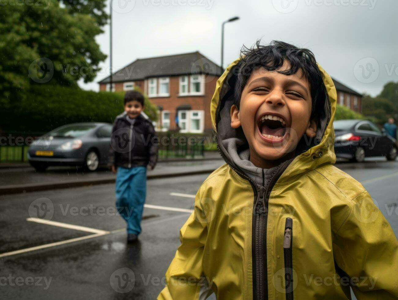 Carefree child joyfully dances in the refreshing rain AI Generative photo