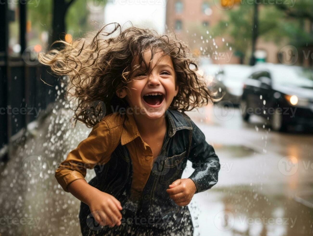 Carefree child joyfully dances in the refreshing rain AI Generative photo