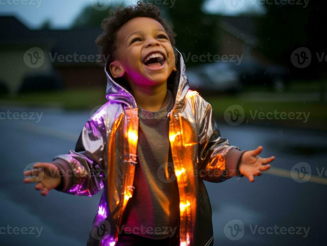 Carefree child joyfully dances in the refreshing rain AI Generative photo
