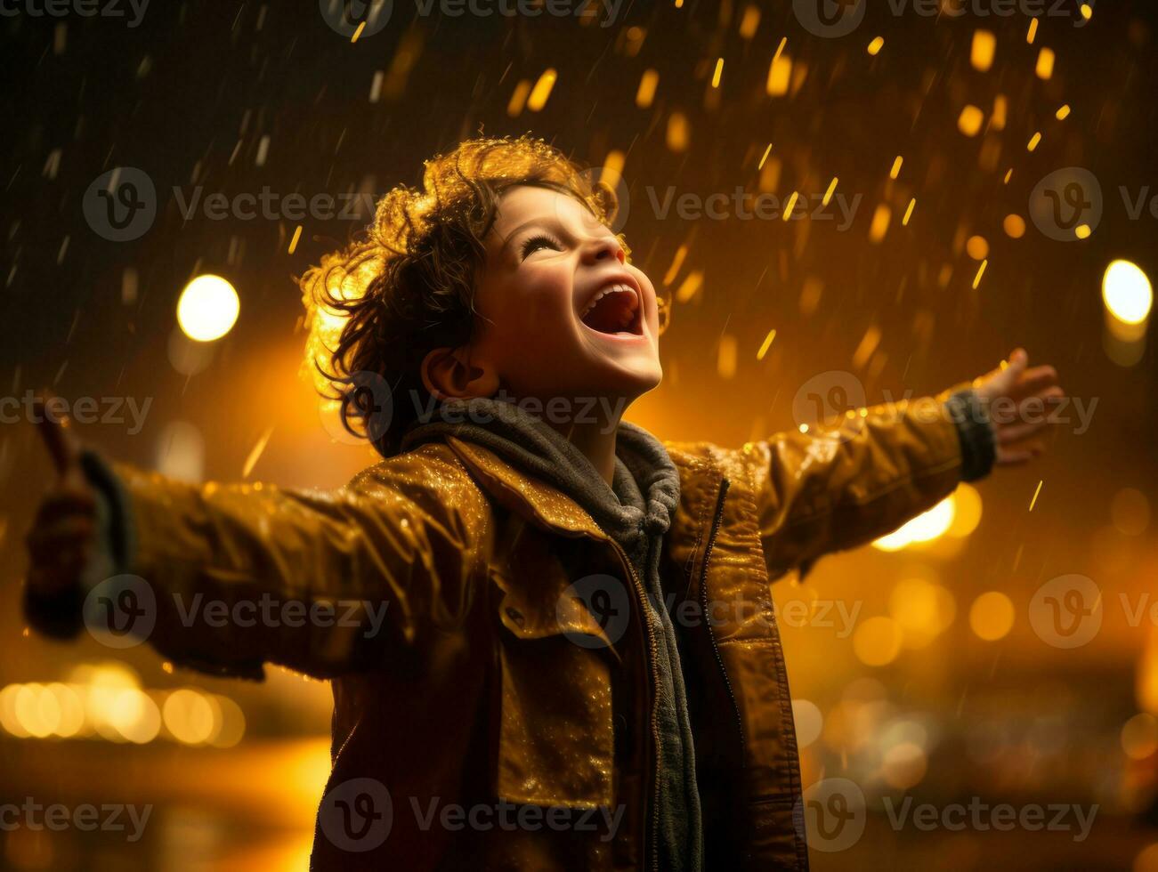 Carefree child joyfully dances in the refreshing rain AI Generative photo