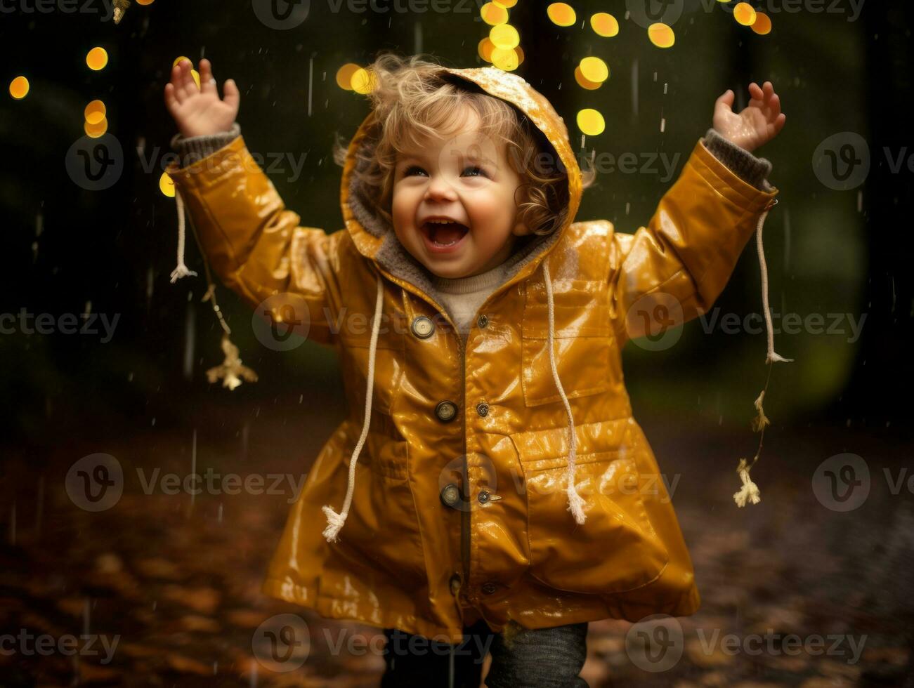 Carefree child joyfully dances in the refreshing rain AI Generative photo