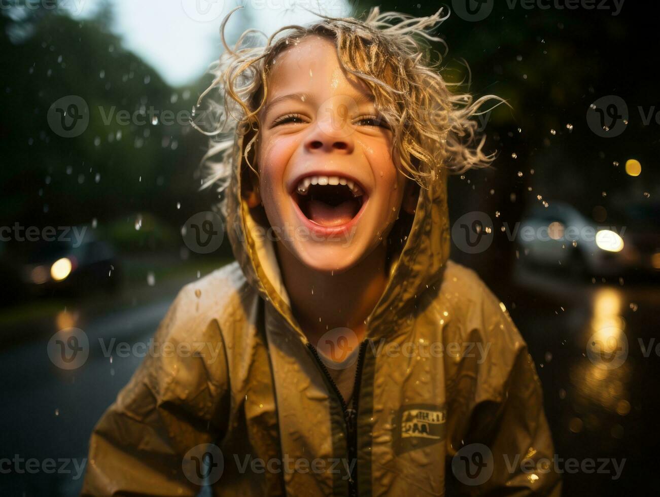 Carefree child joyfully dances in the refreshing rain AI Generative photo