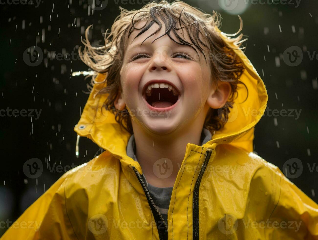 Carefree child joyfully dances in the refreshing rain AI Generative photo
