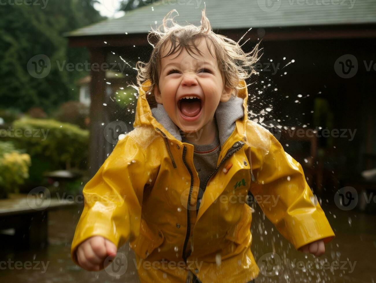 Carefree child joyfully dances in the refreshing rain AI Generative photo