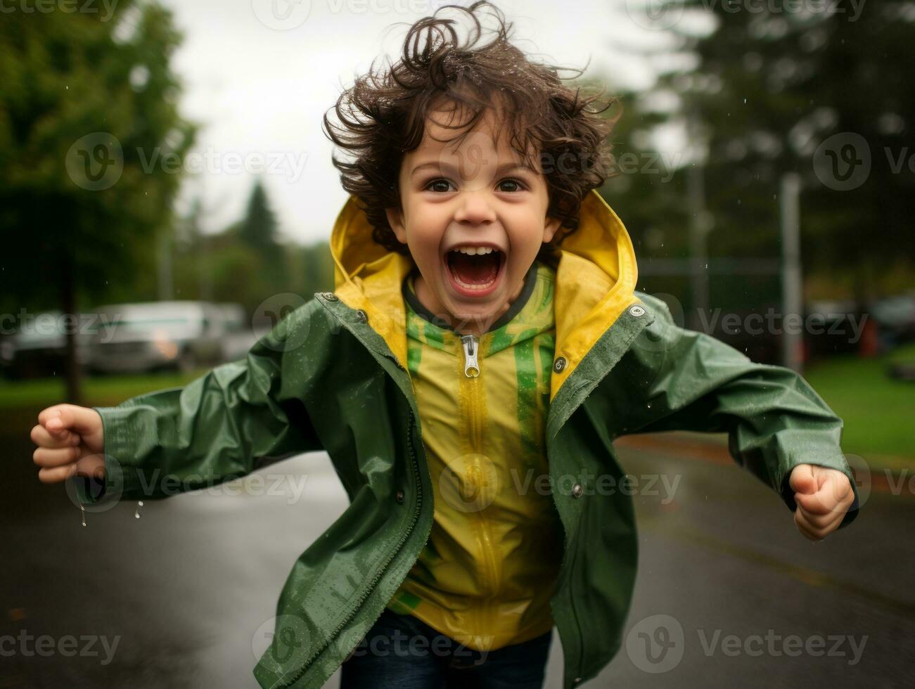 Carefree child joyfully dances in the refreshing rain AI Generative photo