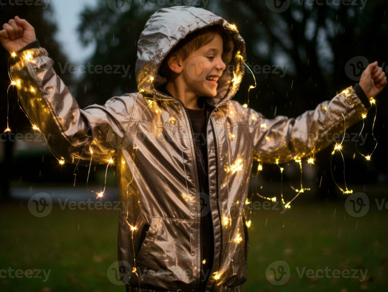 Carefree child joyfully dances in the refreshing rain AI Generative photo