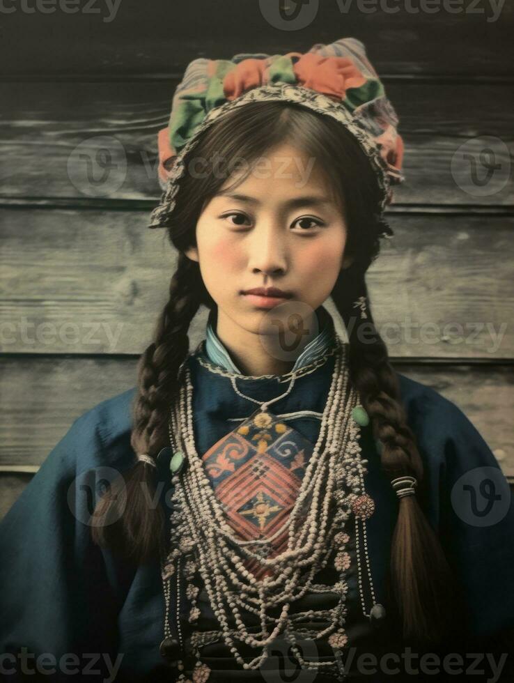 An old colored photograph of a asian woman from the early 1900s AI Generative photo