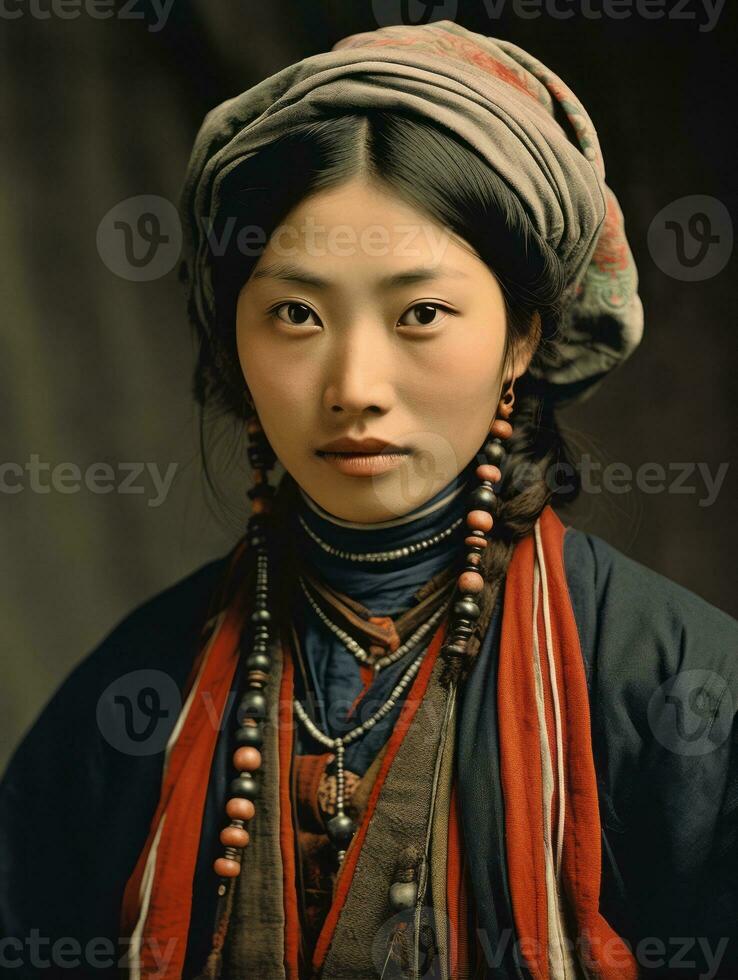 An old colored photograph of a asian woman from the early 1900s AI Generative photo