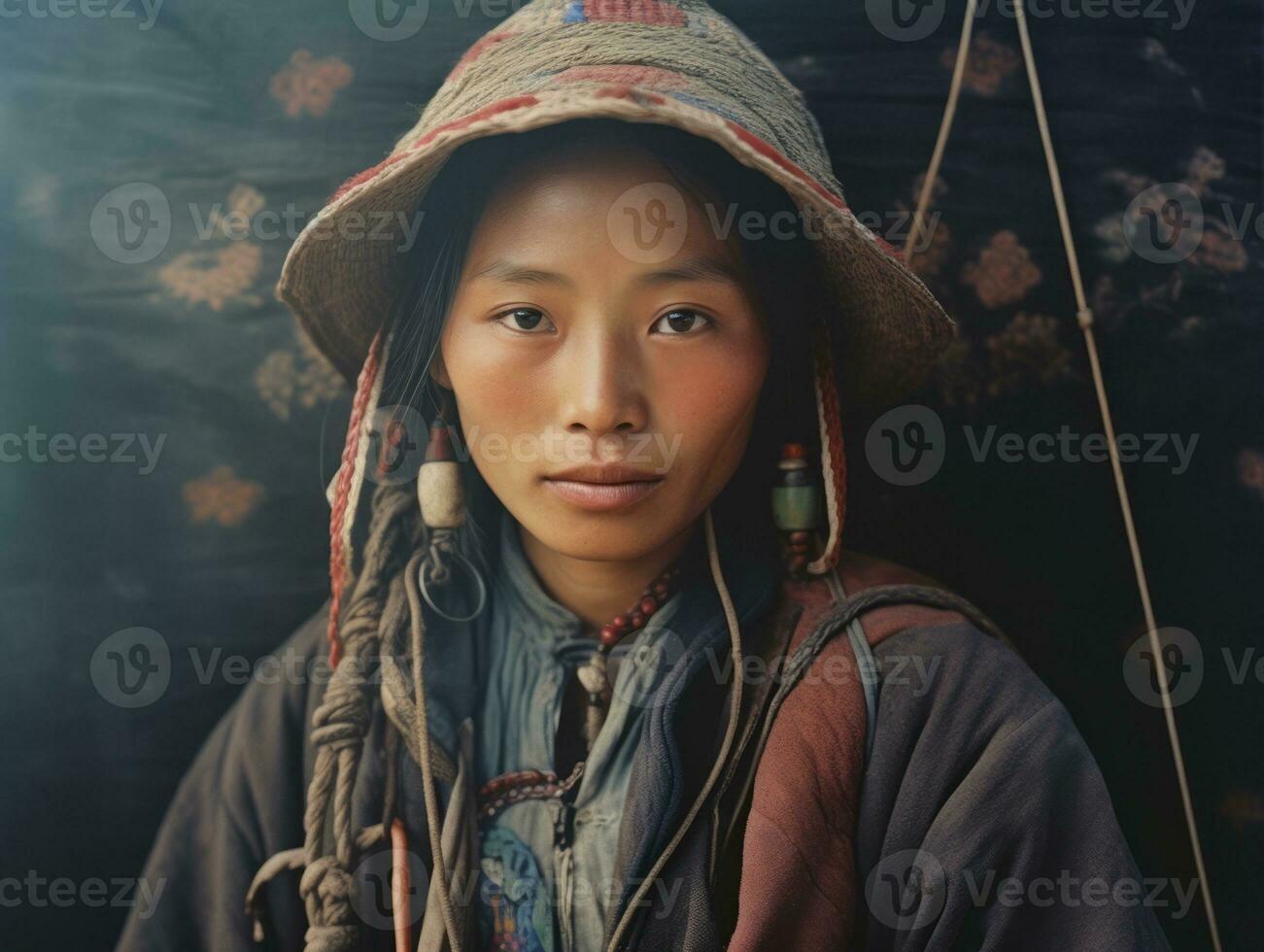 An old colored photograph of a asian woman from the early 1900s AI Generative photo