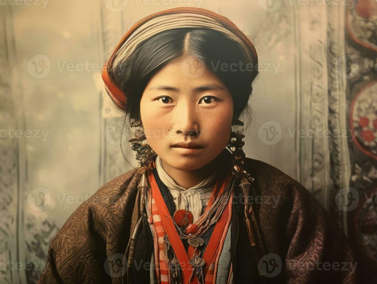 An old colored photograph of a asian woman from the early 1900s AI Generative photo